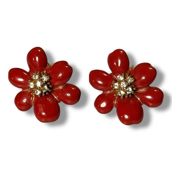 Vintage Joan Rivers Flower Earrings Womens Red Enamel & Rhinestone Clip On - Picture 3 of 6